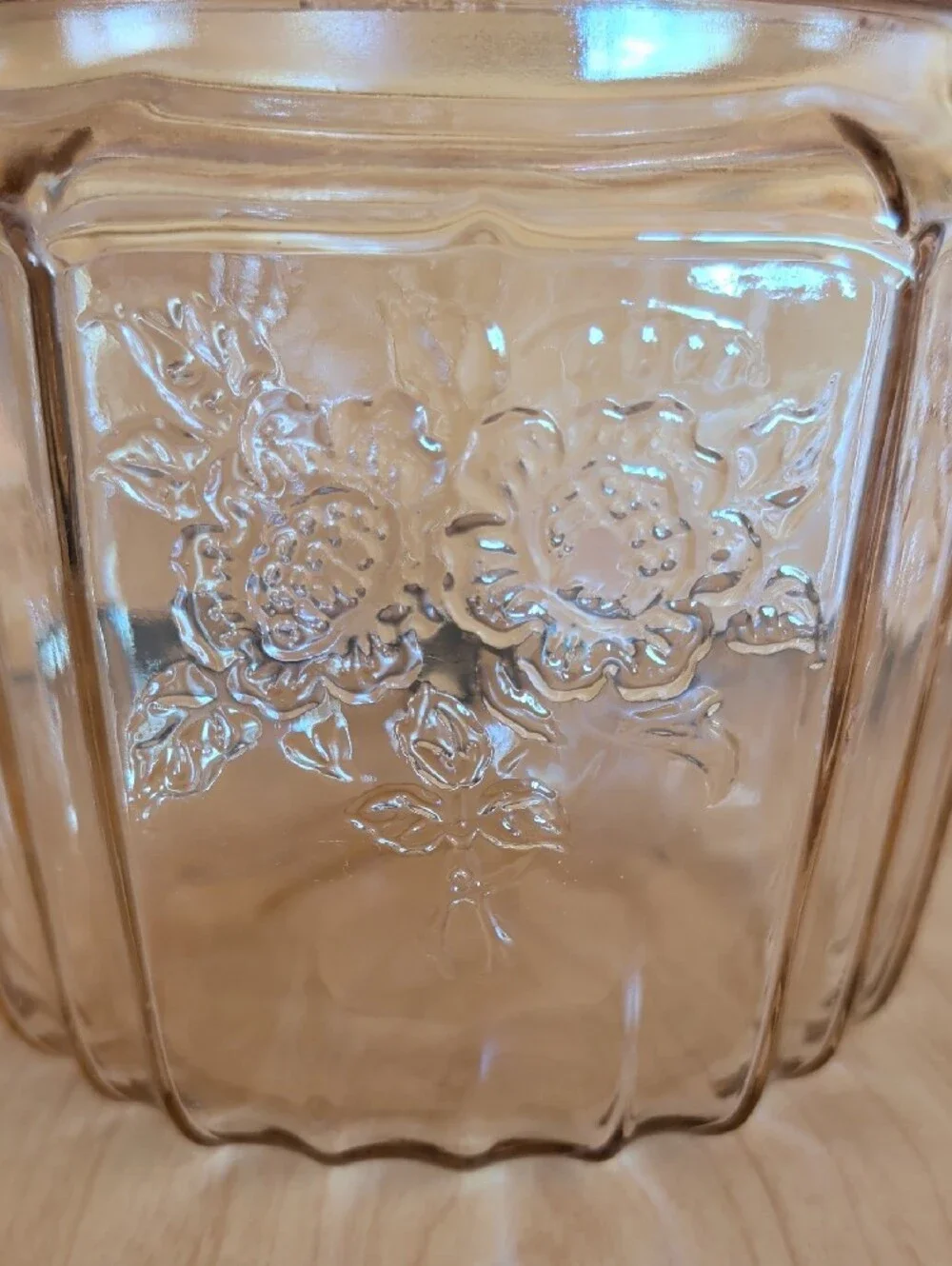 VTG. Pink Pressed Glass Cookie Jar with Lid and Floral Motif.